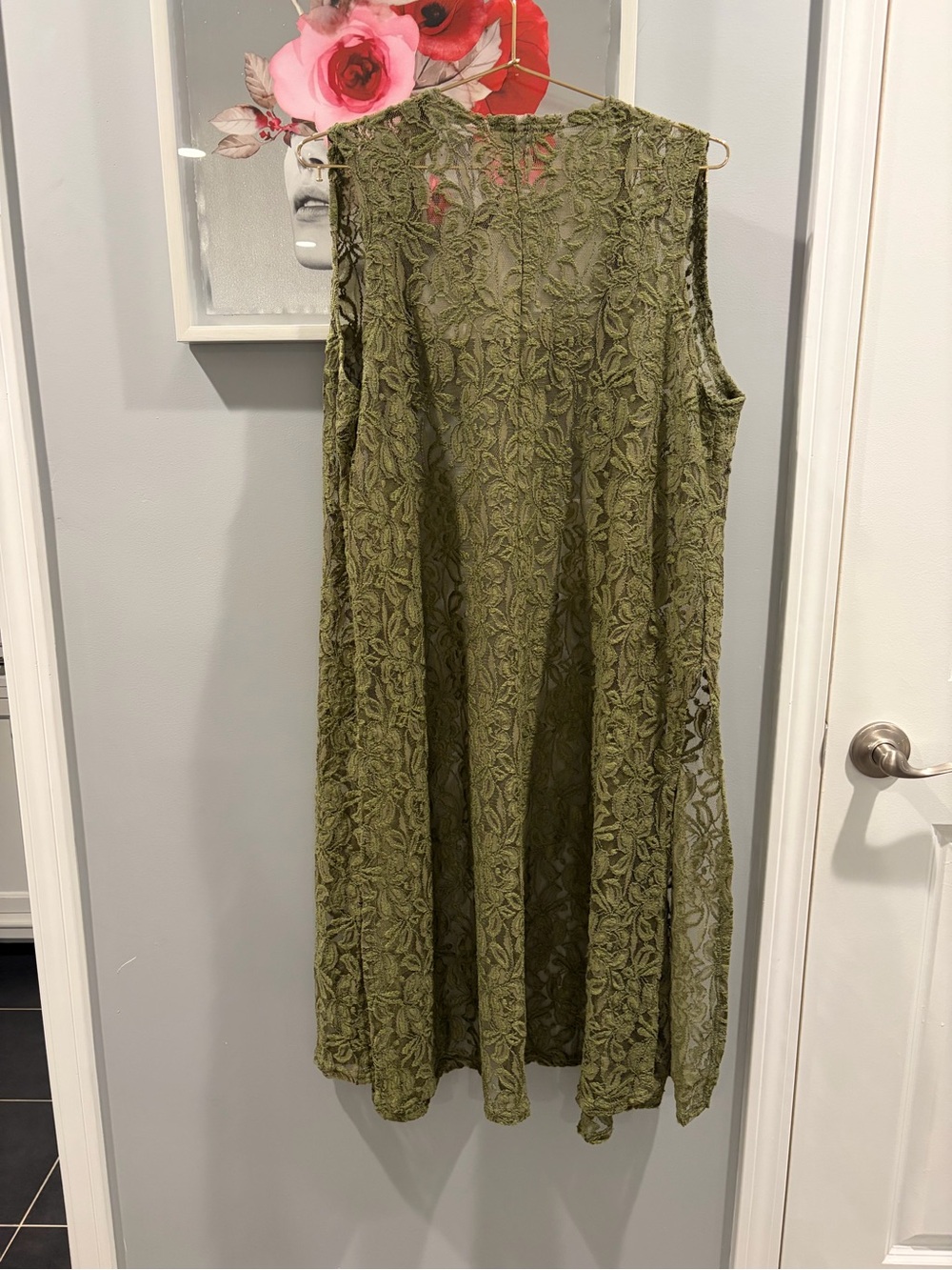 LULAROE Boho Olive Green Lace Overlay Vest Duster Size Medium - Picture 2 of 6